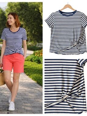 Chico’s Nautical Blue/Light Blue Stripe Ruched Tee